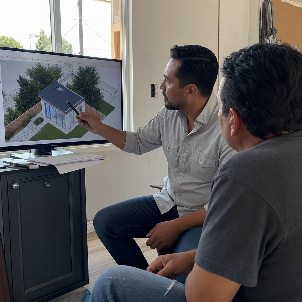 Professional designer presenting custom ADU architectural plans to a client.