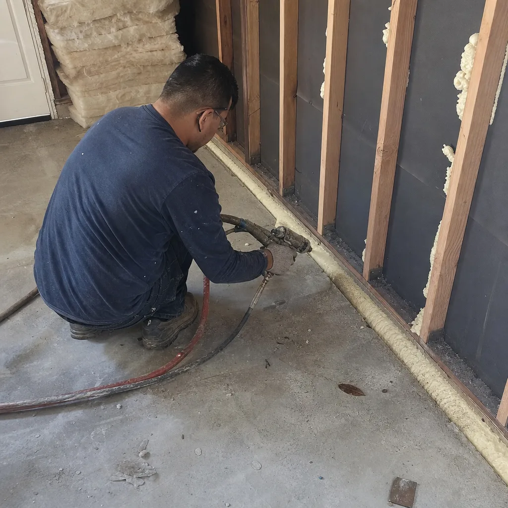 Contractor applying spray foam insulation for garage conversion ADU