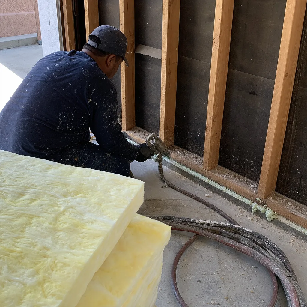 Worker applying spray foam insulation during a professional garage conversion ADU project.