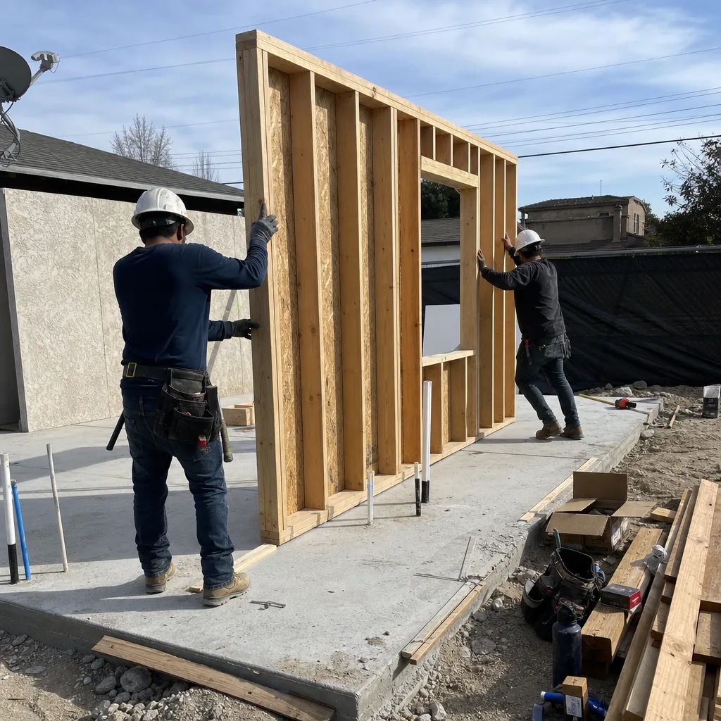 Two construction workers installing a wooden frame for a detached ADU.