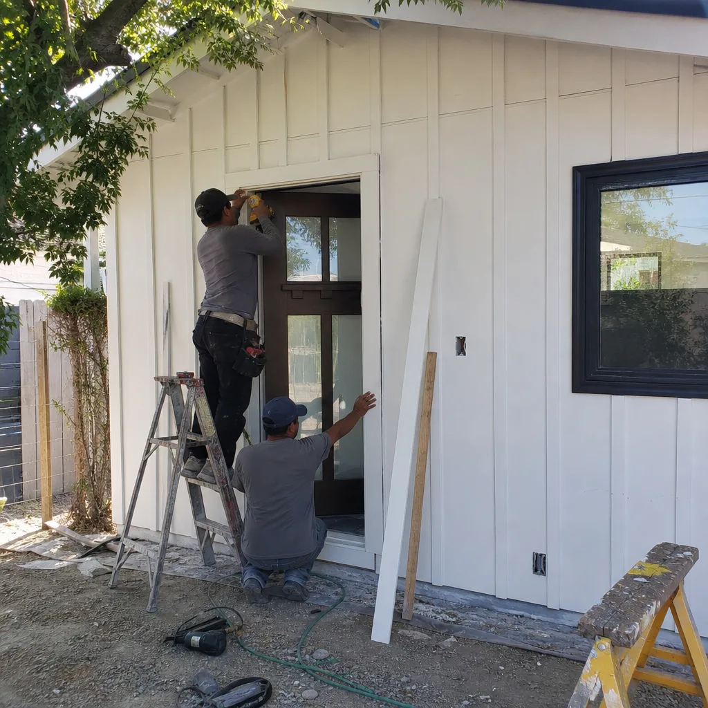Two construction workers installing trim on a detached ADU exterior